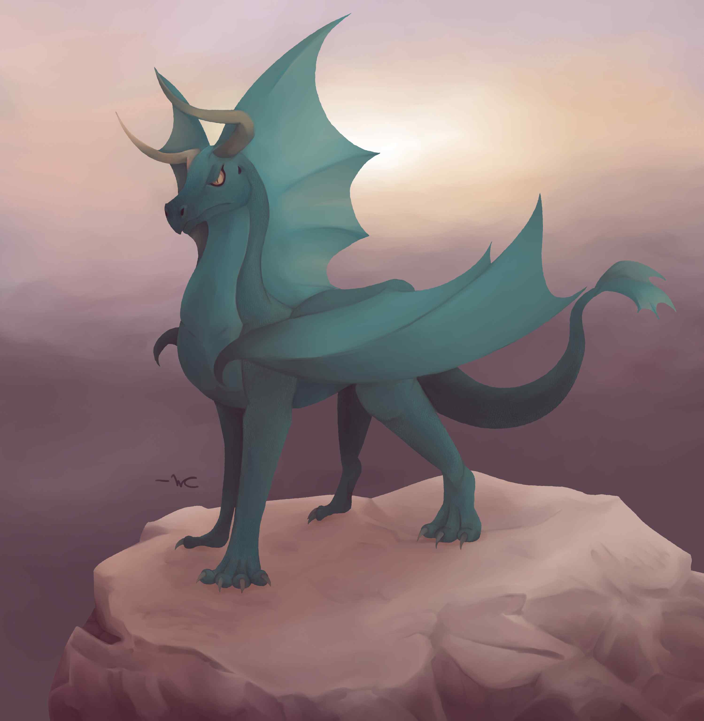 A digital painting of a blue-green dragon. It's stood on top of a rocky hill. It has large sails on its neck and bull-like horns. 